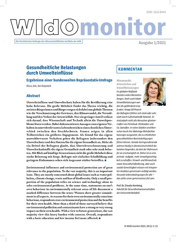 Cover des WIdOmonitors 1/2021 zum Thema gesundheitliche Belastungen durch Umwelteinflüsse